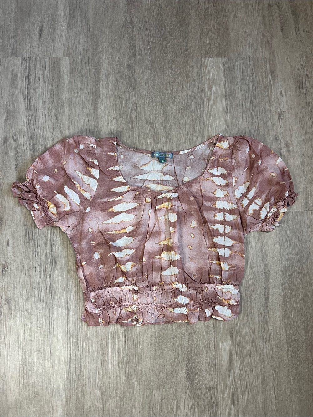 Good Luck Gem Mauve-Pink Tie-Dye Cropped Puff Sleeve Top LG